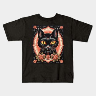 Vintage Retro Black Cat Roses Kids T-Shirt